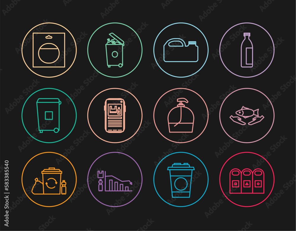 Set line Trash in garbage cans sorted, Fish care, Canister for machine oil, Stop plastic pollution, Battery pack, Bottle of liquid soap and icon. Vector Set line Trash in garbage cans sorted, Fish care, Canister for machine oil, Stop plastic pollution, Battery pack, Bottle of liquid soap and icon. Vector