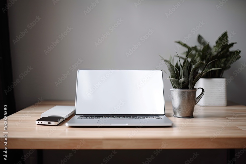 Blank copy space on a laptop's screen. workplace for a minimalist home office desk. Home based work. Generative AI Blank copy space on a laptop's screen. workplace for a minimalist home office desk. Home based work. Generative AI