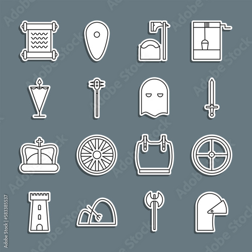 Set line Medieval iron helmet, Round wooden shield, sword, Executioner axe in tree block, chained mace ball, flag, Decree, parchment, scroll and mask icon. Vector