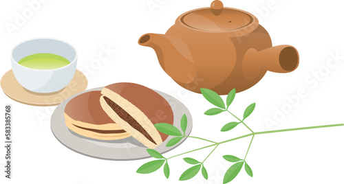 和菓子（どら焼き）と緑茶のイメージイラスト