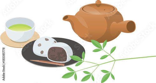 和菓子（大福）と緑茶のイメージイラスト