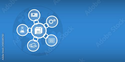 Vector graphic symbol image for small supply chain in round shape with icons in chain symbols and globe in background with space for text.