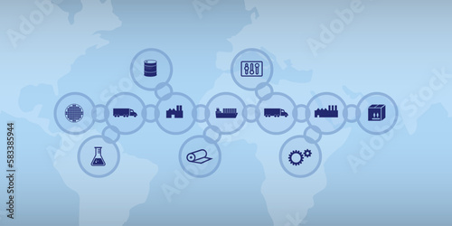 Bright vector graphic as supply chain icon image with icons in chain symbols and world map in background. Can be used as a header.