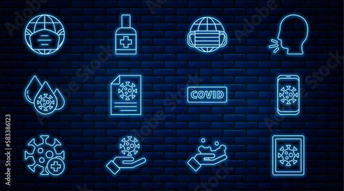 Set line Virus statistics on monitor, mobile, Earth with medical mask, Clipboard blood test results, Blood and virus, Corona covid-19 and Liquid antibacterial soap icon. Vector