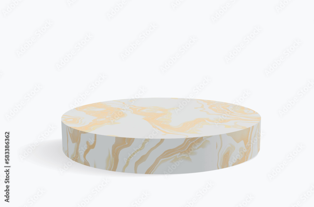 Minimalist 3D Vector Composition with a White-Gold Marble Cylindrical Podium on a White Background for Product Presentation. Simple Geometric Mokup Product Display. Round Stage with Space to Text. - obrazy, fototapety, plakaty 