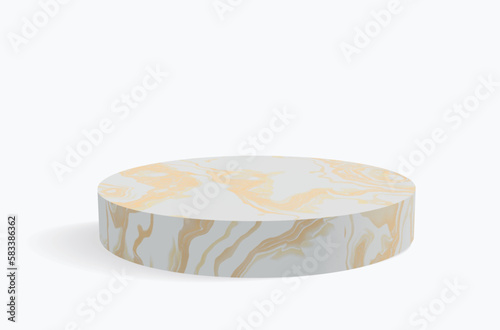 Minimalist 3D Vector Composition with a White-Gold Marble Cylindrical Podium on a White Background for Product Presentation. Simple Geometric Mokup Product Display. Round Stage with Space to Text.