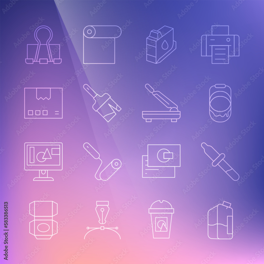 Set line Printer ink bottle, Pipette, Paint bucket, cartridge, brush, Carton cardboard box, Binder clip and Paper cutter icon. Vector Set line Printer ink bottle, Pipette, Paint bucket, cartridge, brush, Carton cardboard box, Binder clip and Paper cutter icon. Vector