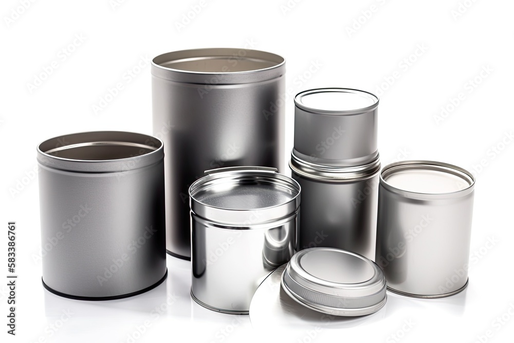 Blank paint cans in a set, isolated on white. Generative AI Blank paint cans in a set, isolated on white. Generative AI