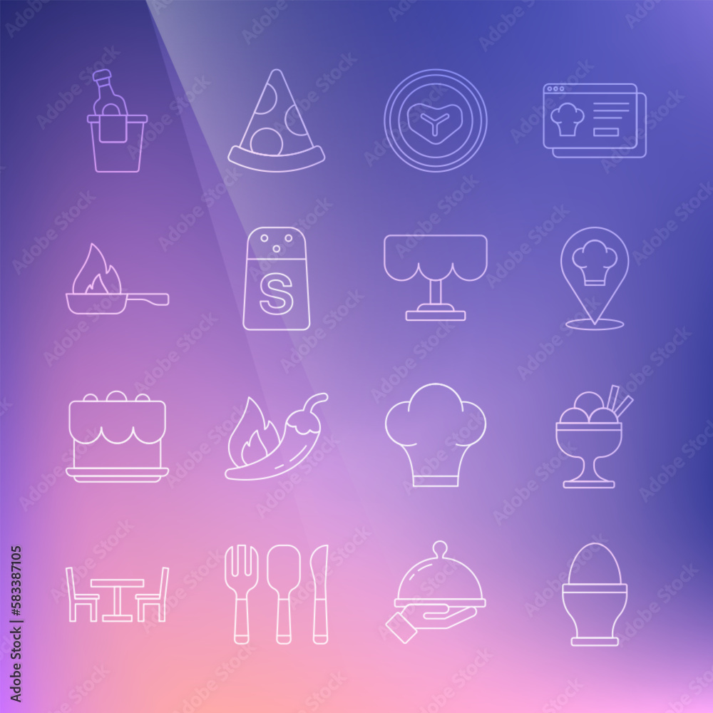 Set line Chicken egg on stand, Ice cream in bowl, Chef hat with location, Steak meat plate, Salt, Frying pan, Champagne ice bucket and Wooden table icon. Vector Set line Chicken egg on stand, Ice cream in bowl, Chef hat with location, Steak meat plate, Salt, Frying pan, Champagne ice bucket and Wooden table icon. Vector