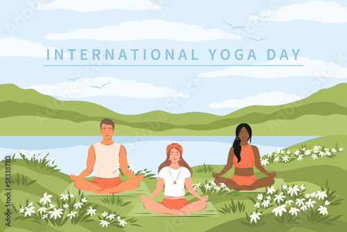 International Yoga Day. Various people practicing yoga together and meditating on nature. Healthy lifestyle, open air workout, physical exercising. Vector illustration © Tatiana Bass