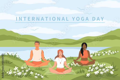 International Yoga Day. Various people practicing yoga together and meditating on nature. Healthy lifestyle, open air workout, physical exercising. Vector illustration