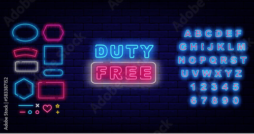 Duty free neon emblem. Simple typography for airport. Geometric frames collection. Vector stock illustration