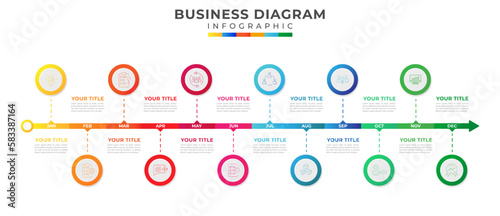 12 Months calendar modern Timeline diagram with circle and icon symbols, presentation vector infographics, Infographics template for business.