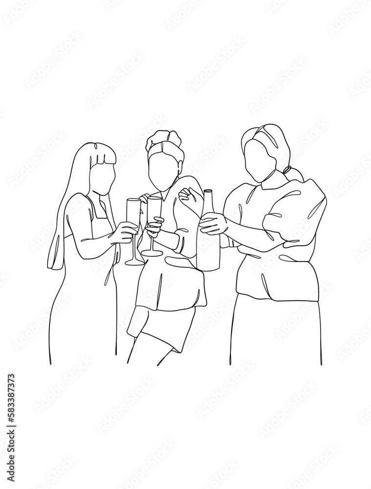 Continuous one line drawing of people cheering glasses of wine. Vector illustration.