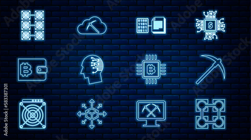 Set line Blockchain technology, Pickaxe, Smart contract, Brain as digital circuit board, Cryptocurrency wallet, Mining farm, CPU mining and cloud icon. Vector