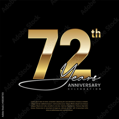 72 year anniversary. Luxury logo with golden number. Handwritten text style. Logo Vector Template