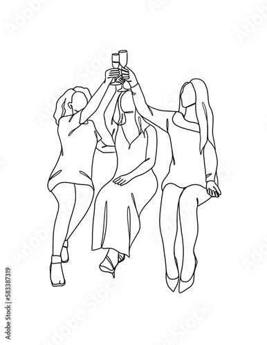 Continuous one line drawing of people cheering glasses of wine. Vector illustration.