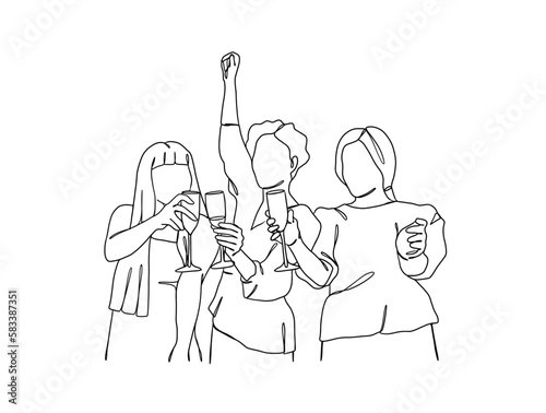 Continuous one line drawing of people cheering glasses of wine. Vector illustration.