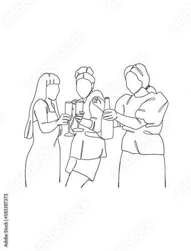 Continuous one line drawing of people cheering glasses of wine. Vector illustration.