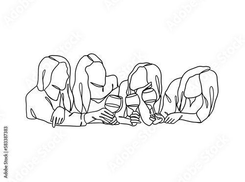Continuous one line drawing of people cheering glasses of wine. Vector illustration.
