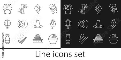 Set line Ramen, Kimchi, Korean lantern, Sushi, Kimono, hat and Bamboo icon. Vector