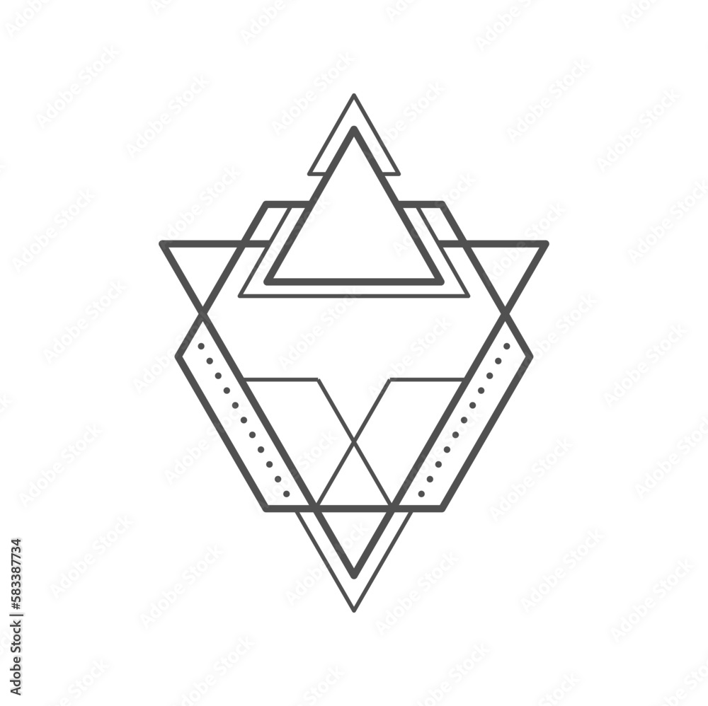 Geometric boho tattoo. Occult alchemy line symbol, sacred geometry outline line vector hipster tattoo or geometric shapes ornament. Mystic, esoteric and magical abstract sign