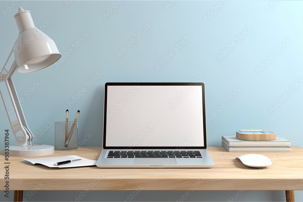 Mockup of a laptop with a blank screen, supplies, and a light blue wall as a background. Generative AI Mockup of a laptop with a blank screen, supplies, and a light blue wall as a background. Generative AI