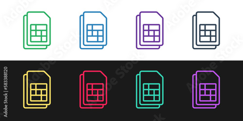 Set line Sim card icon isolated on black and white background. Mobile cellular phone sim card chip. Mobile telecommunications technology symbol. Vector