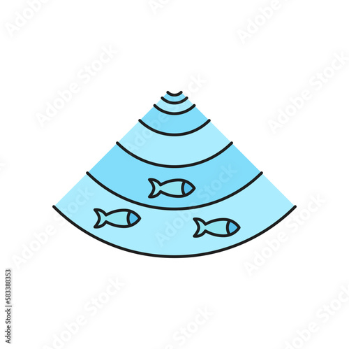 Fishing industry fish sonar outline icon or symbol. Offshore fishing technology, seafood industry equipment or food production business outline vector symbol with fish shoal on trawler sonar screen