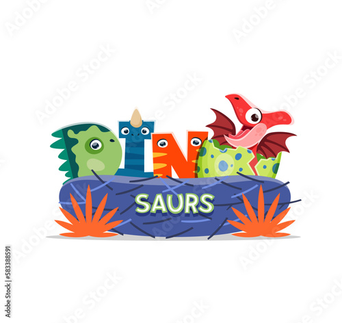 Cartoon funny Pterodactyl dinosaur character and dino egg. Cute extinct dinosaur, Jurassic era cheerful baby vector lizard. Prehistoric newborn comical Pteranodon reptile personage in egg shell