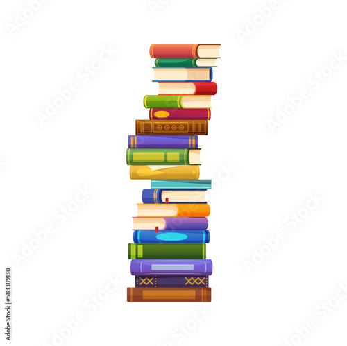 Stack of books, isolated vector pile of hardcover and paperback volumes of various colors and sizes arranged vertically in organized manner. Materials for gaining knowledge, learning and exploration