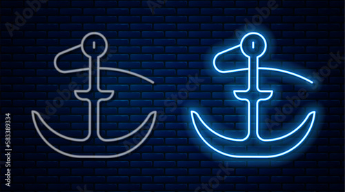 Fotografiet Glowing neon line Anchor icon isolated on brick wall background
