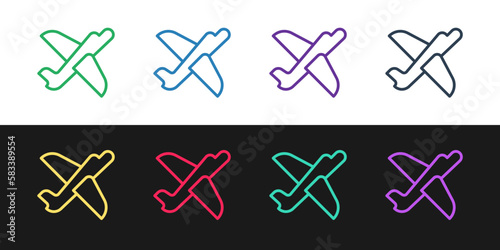 Set line Toy plane icon isolated on black and white background. Flying airplane icon. Airliner sign. Vector