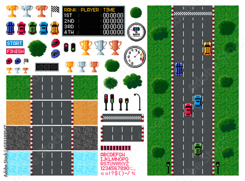 Pixel race, arcade game top view, car racing video game in retro 8 bit, vector asset icons. Vintage computer game arcade or car races props and player interface elements with sport cars and racetracks