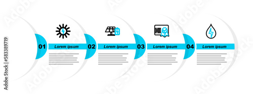 Set line Water energy, Certificate template, Solar panel and battery and icon. Vector