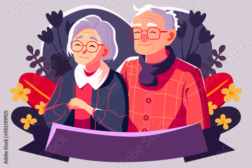 Grandparents Hugging Together, National Grandparents Day Flat Design Background, Vector Illustration