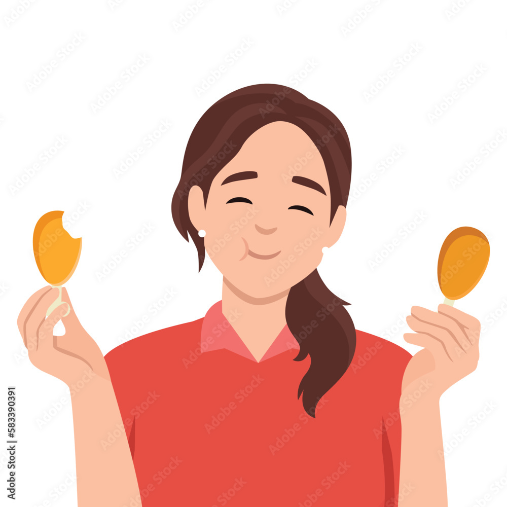 Caucasian girl eating roasted chicken leg. Little girl eating fried chicken leg. Full length of happy child holding a chicken drumstick. Flat vector illustration isolated on white background Caucasian girl eating roasted chicken leg. Little girl eating fried chicken leg. Full length of happy child holding a chicken drumstick. Flat vector illustration isolated on white background