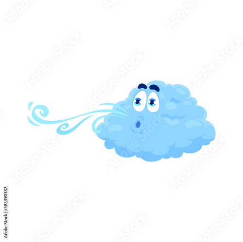 Cartoon wind weather character, isolated vector mischievous cloud blowing air currents or gusts of wind from mouth. Nature and climate meteorology forecast personage with playful facial expression