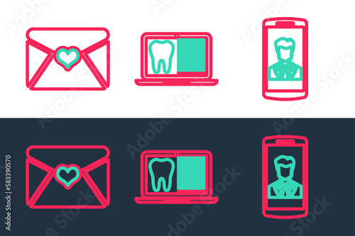Set line Smartphone with contact, Envelope Valentine heart and Laptop dental card icon. Vector