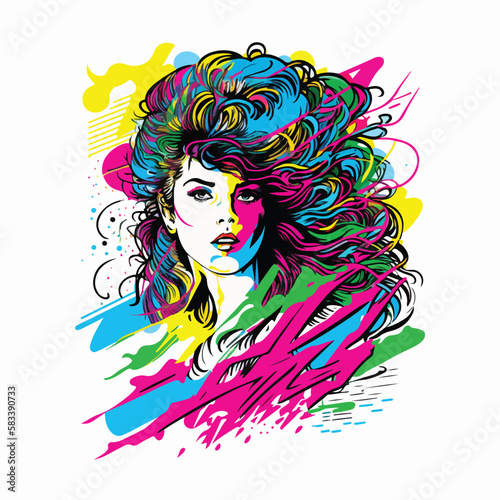 80s vintage girl full color illustration