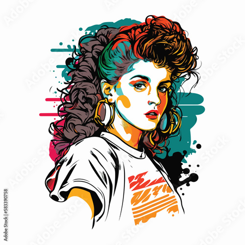 80s vintage girl full color illustration