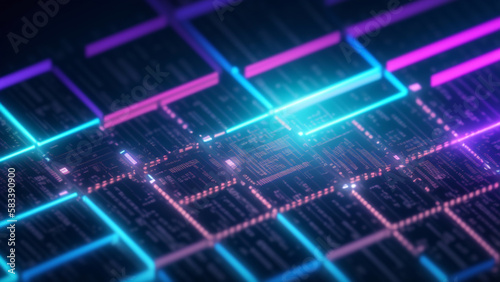 カラフルな発光するネオン、電子回路、電脳空間、パソコン内部、マザーボードのイメージ アップImage up of colorful glowing neon lights, cpu, circuits, computer internals, and motherboards