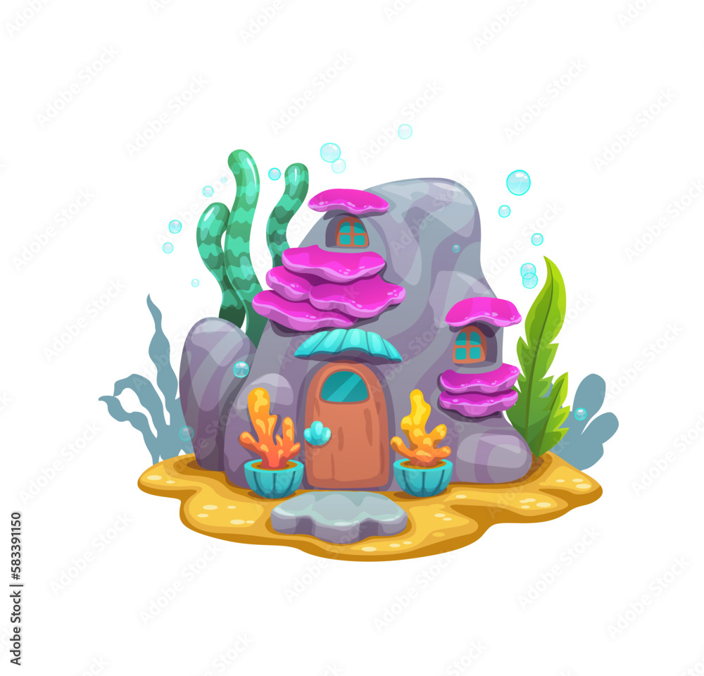 Obraz premium Cartoon underwater mountain rock, fairy house or undersea dwelling, vector marine creature home. Mermaid or coral reef shelter in underwater rock with windows and door in deep ocean water
