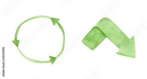 Set of 2 recycles symbols isolated. Green watercolor eco-reuse clipart. Earth Day sign. The green arrow is in round shape and a single arrow. Ecological icon for recycled waste. Ecology icons.
