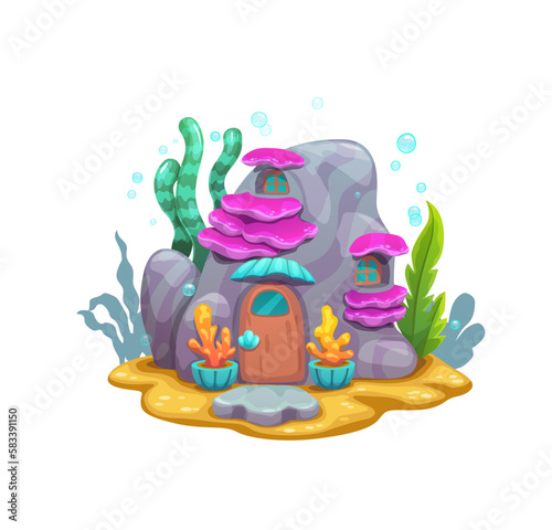 Cartoon underwater mountain rock, fairy house or undersea dwelling, vector marine creature home. Mermaid or coral reef shelter in underwater rock with windows and door in deep ocean water