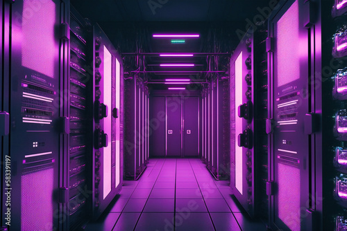 A corridor filled with rack servers and supercomputers exudes a striking purple hue  highlighting captivating internet connection visualizations on display
