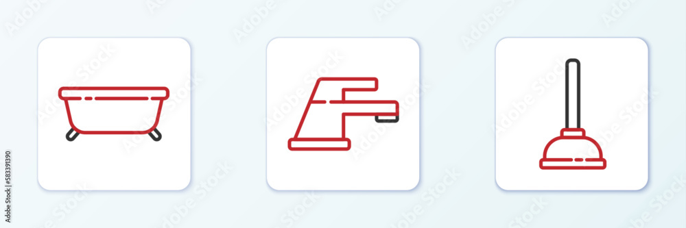 Set line Rubber plunger, Bathtub and Water tap icon. Vector Set line Rubber plunger, Bathtub and Water tap icon. Vector