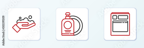 Set line Kitchen dishwasher machine, Washing hands with soap and Dishwashing liquid bottle plate icon. Vector