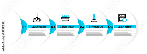 Set line Kitchen dishwasher machine, Rubber plunger, Plastic basin with soap suds and Mop icon. Vector