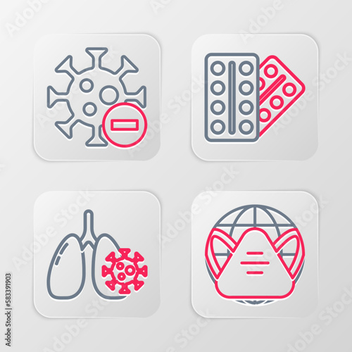 Set line Earth with medical mask, Virus cells in lung, Pills blister pack and Negative virus icon. Vector